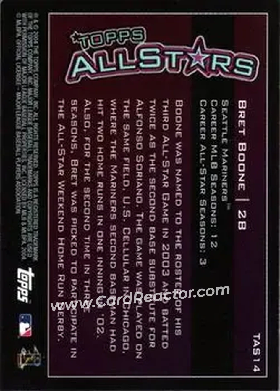 2004 Topps - Topps All-Stars #TAS14 - Bret Boone - Seattle Mariners - Back