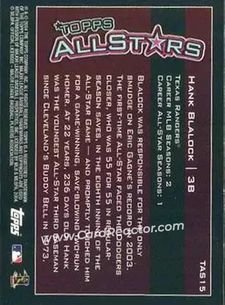 2004 Topps - Topps All-Stars #TAS15 - Hank Blalock - Texas Rangers - Back