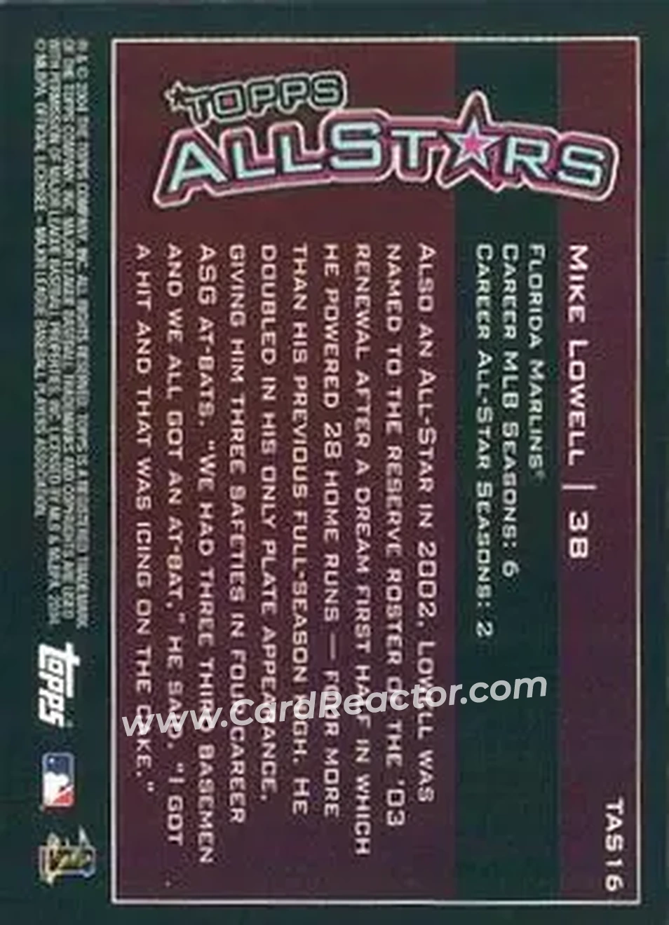 2004 Topps - Topps All-Stars #TAS16 - Mike Lowell - Florida Marlins - Back
