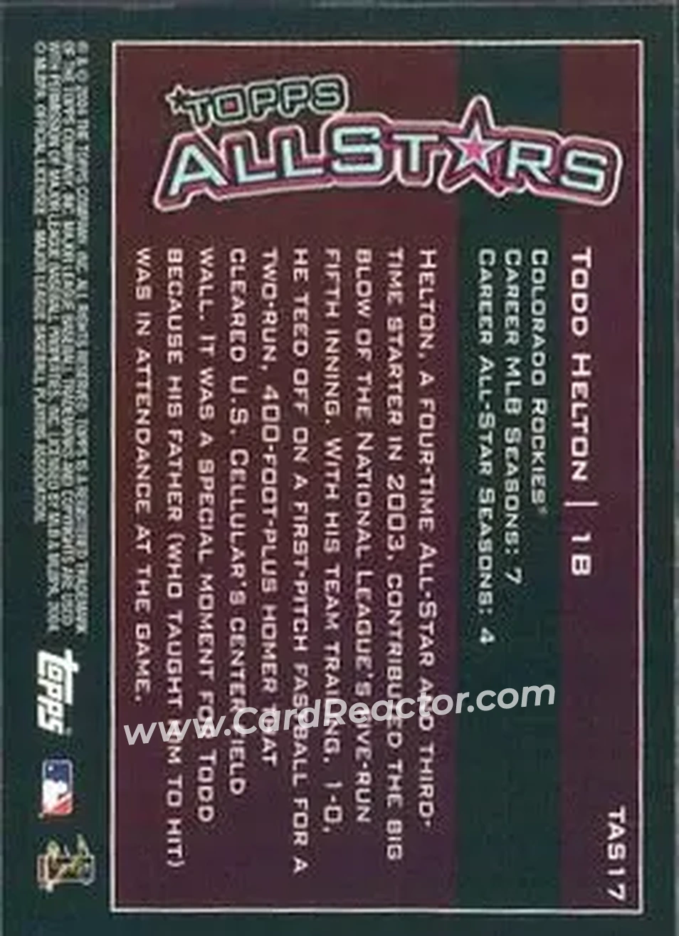 2004 Topps - Topps All-Stars #TAS17 - Todd Helton - Colorado Rockies - Back