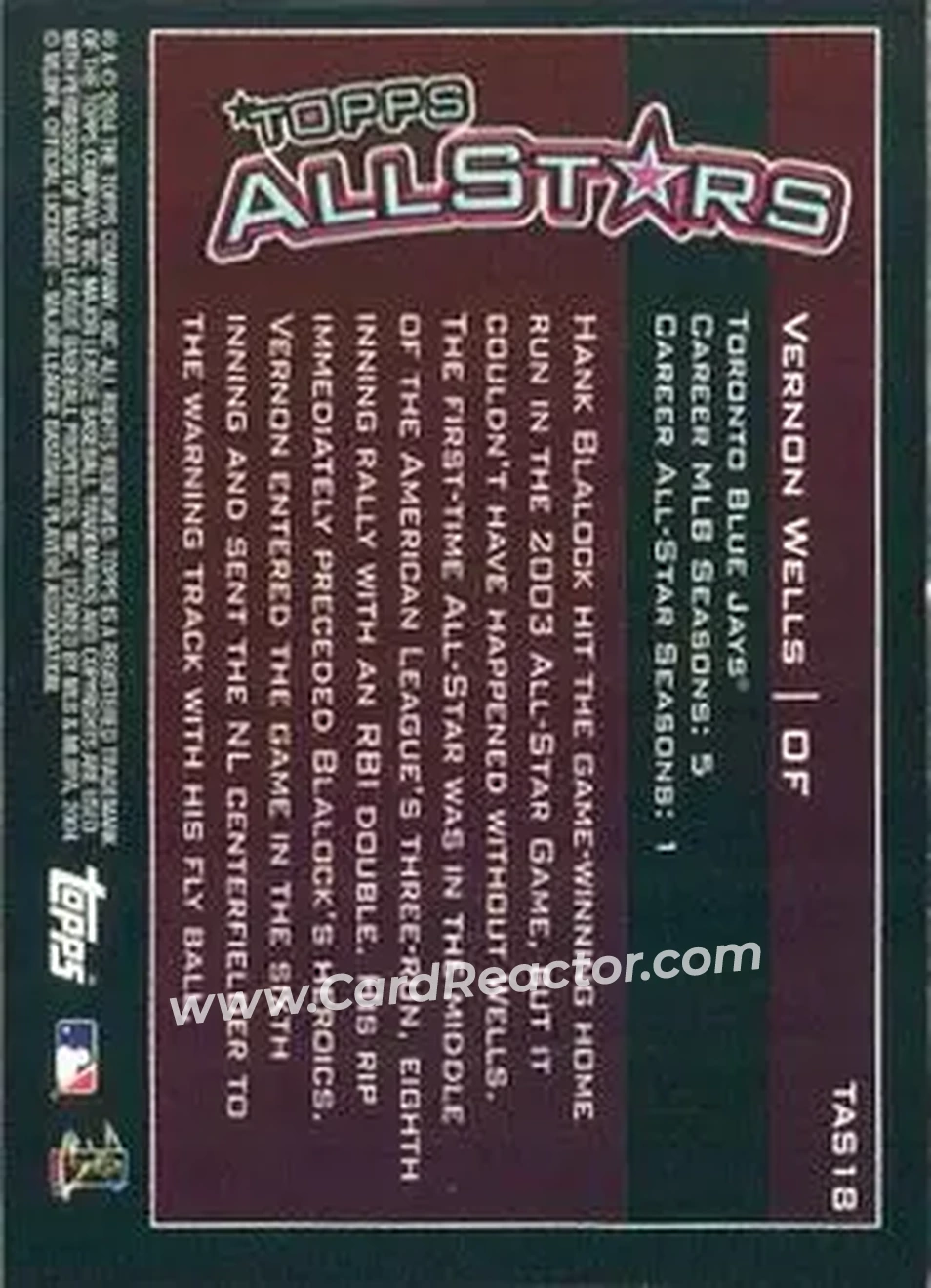 2004 Topps - Topps All-Stars #TAS18 - Vernon Wells - Toronto Blue Jays - Back