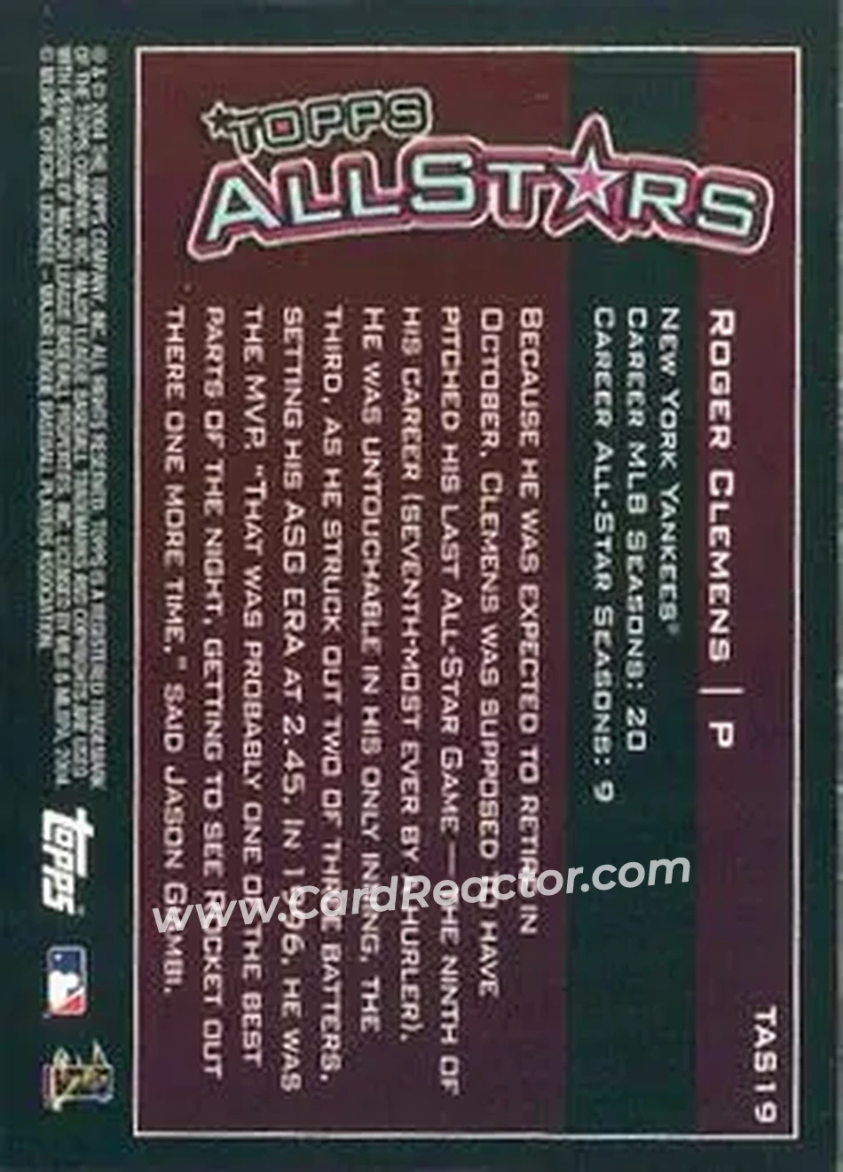 2004 Topps - Topps All-Stars #TAS19 - Roger Clemens - New York Yankees - Back