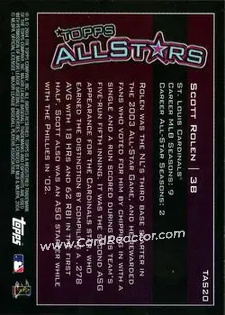 2004 Topps - Topps All-Stars #TAS20 - Scott Rolen - St. Louis Cardinals - Back