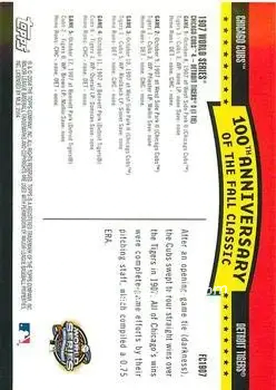 2004 Topps - Fall Classic Covers #FC1907 - 1907 World Series - Back