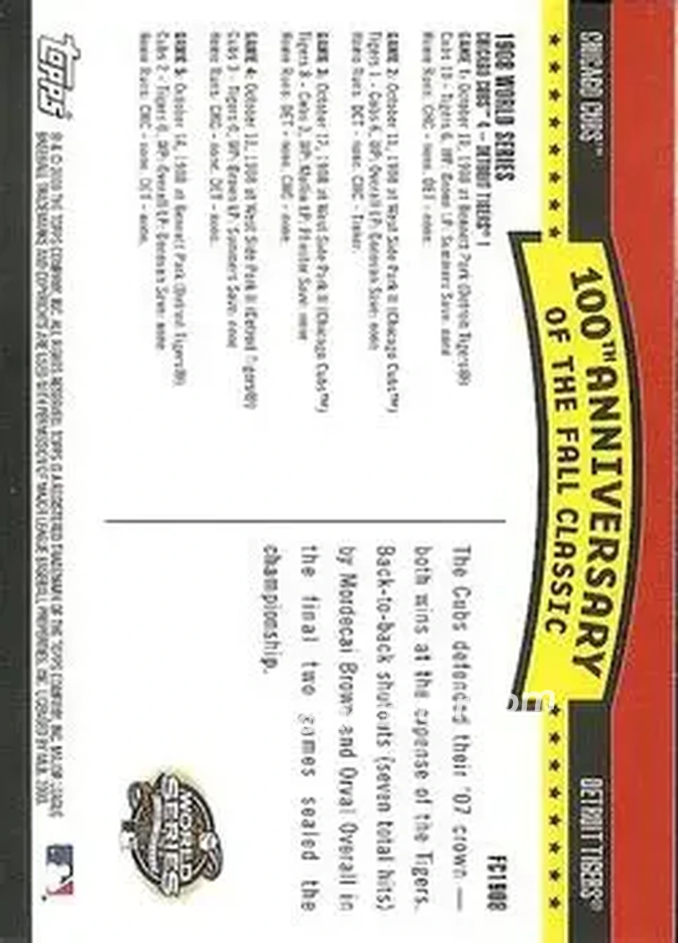 2004 Topps - Fall Classic Covers #FC1908 - 1908 World Series - Back