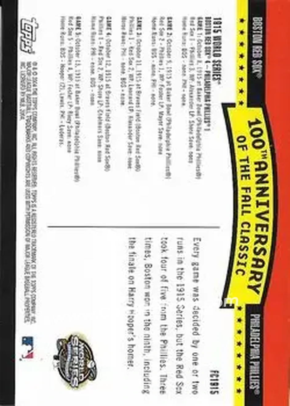 2004 Topps - Fall Classic Covers #FC1915 - 1915 World Series - Back