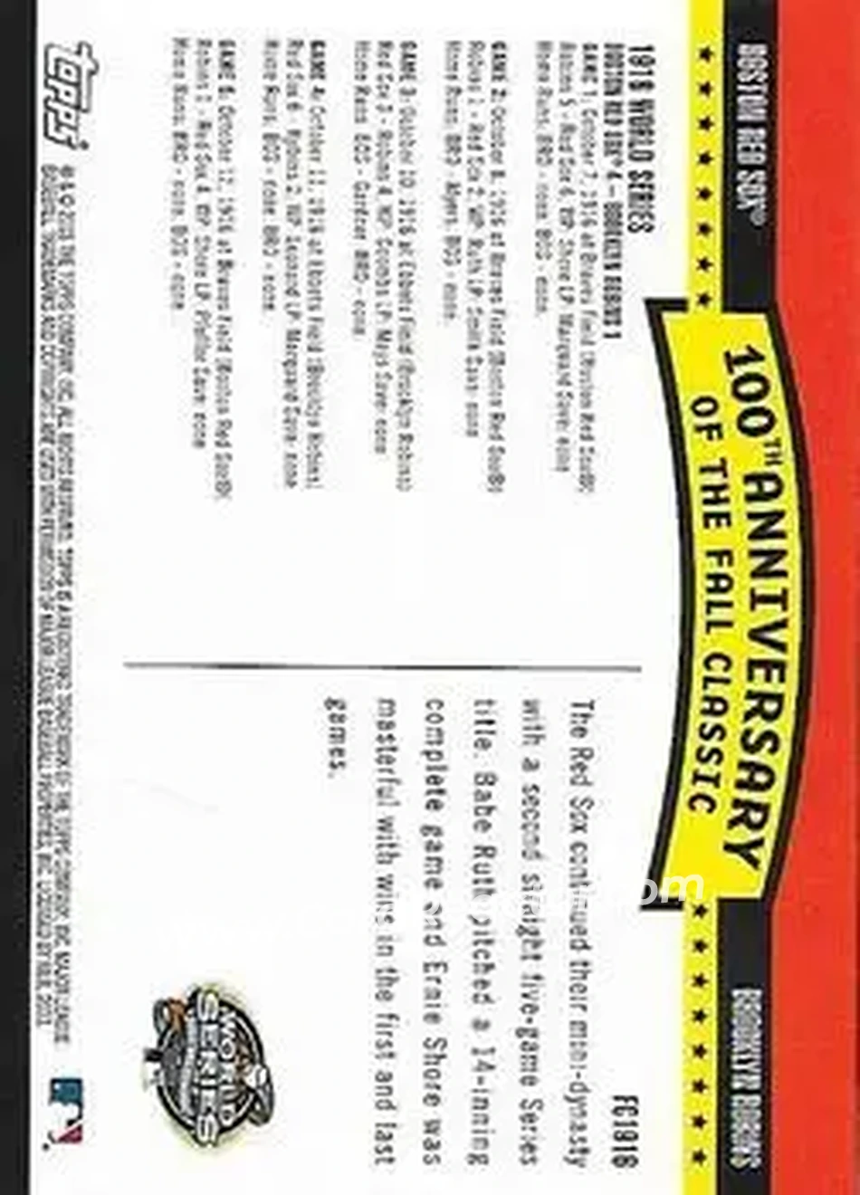 2004 Topps - Fall Classic Covers #FC1916 - 1916 World Series - Back