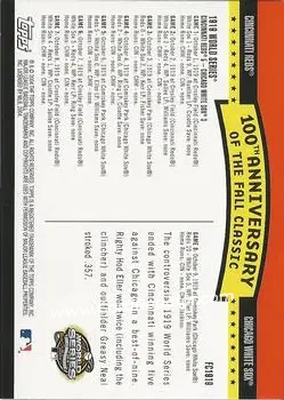 2004 Topps - Fall Classic Covers #FC1919 - 1919 World Series - Back