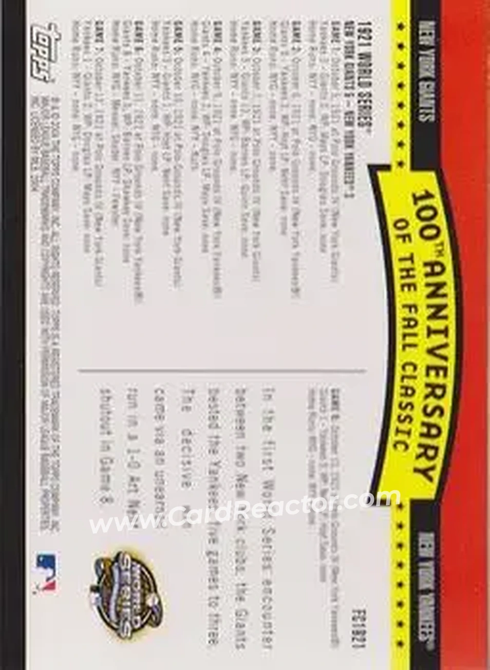 2004 Topps - Fall Classic Covers #FC1921 - 1921 World Series - Back