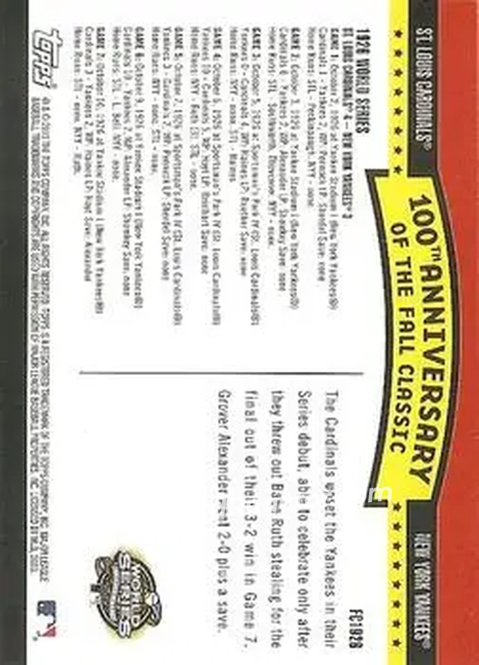 2004 Topps - Fall Classic Covers #FC1926 - 1926 World Series - Back