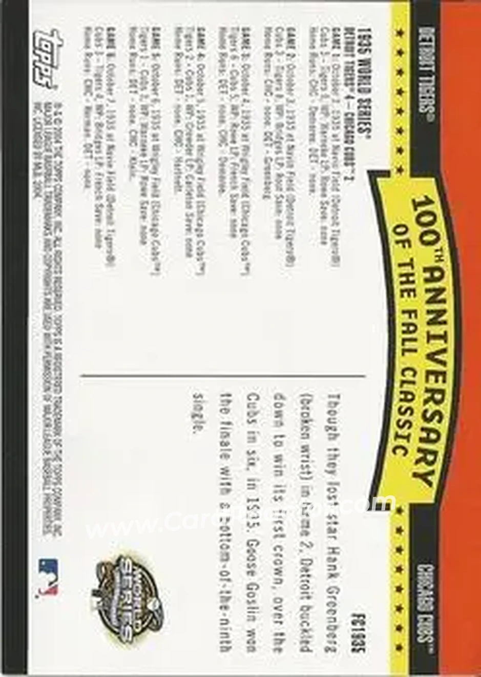 2004 Topps - Fall Classic Covers #FC1935 - 1935 World Series - Back