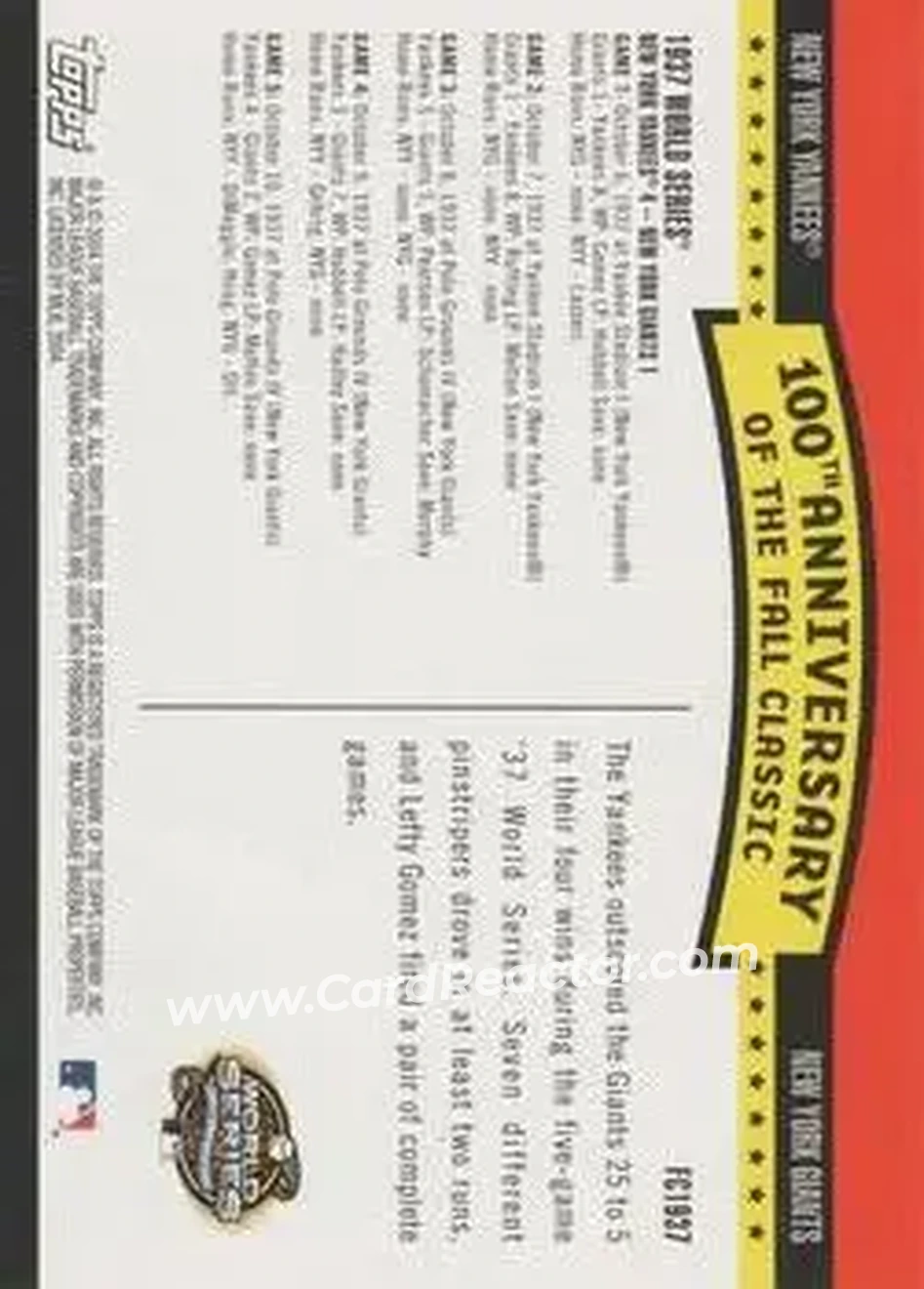 2004 Topps - Fall Classic Covers #FC1937 - 1937 World Series - Back