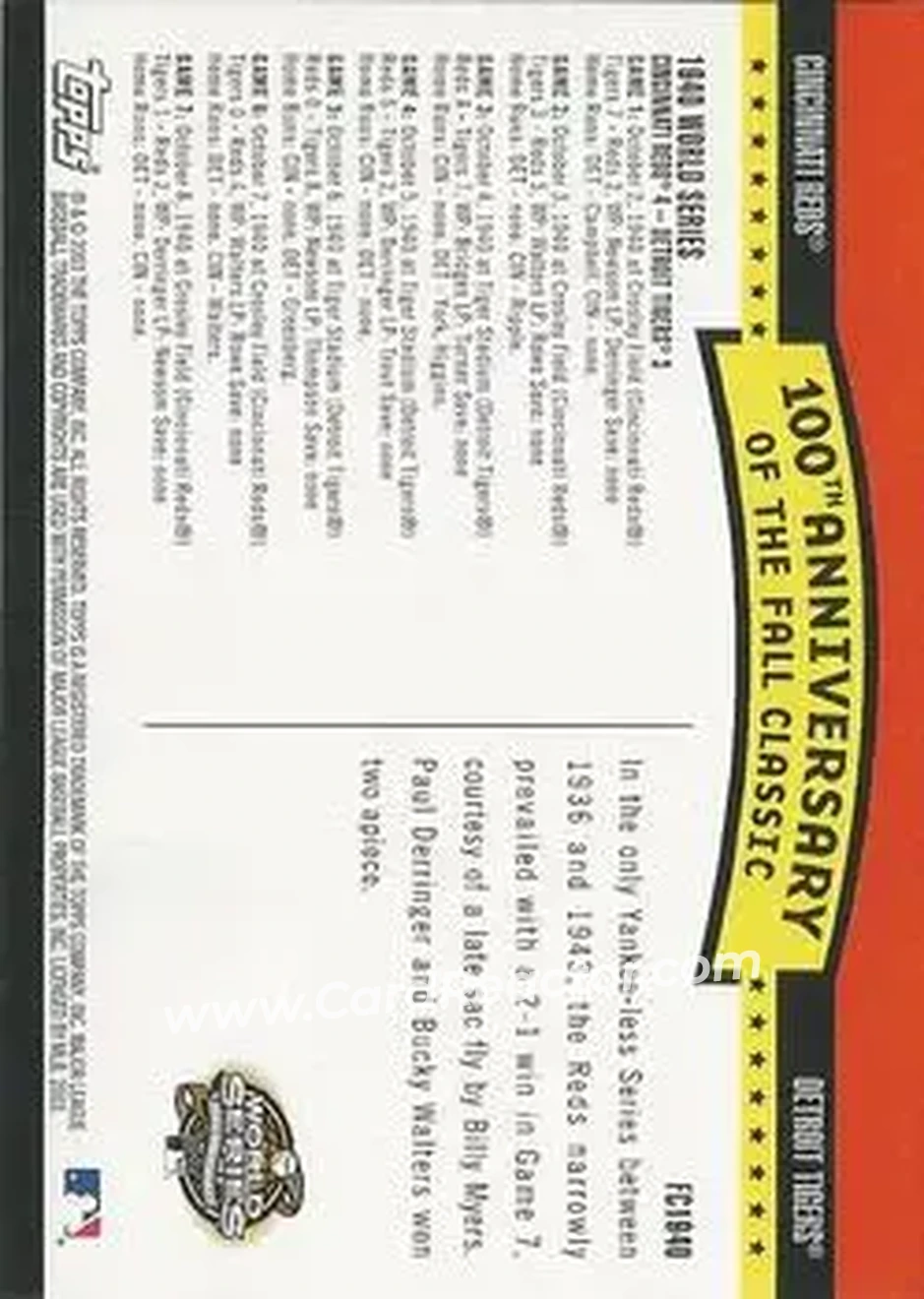2004 Topps - Fall Classic Covers #FC1940 - 1940 World Series - Back