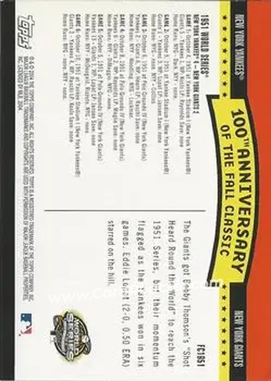 2004 Topps - Fall Classic Covers #FC1951 - 1951 World Series - Back