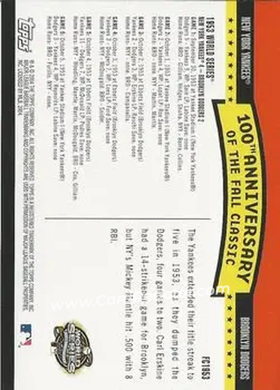2004 Topps - Fall Classic Covers #FC1953 - 1953 World Series - Back