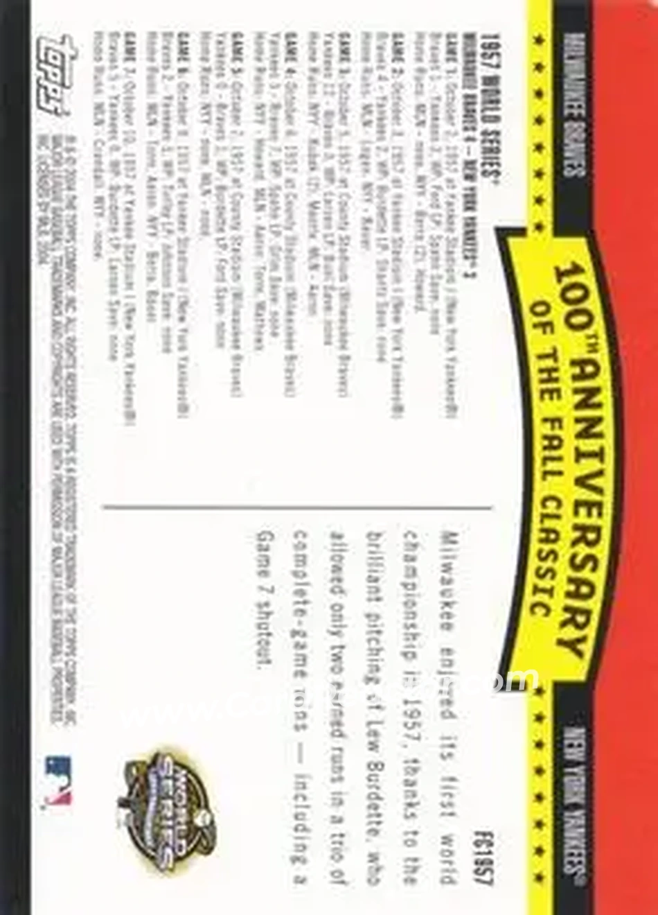 2004 Topps - Fall Classic Covers #FC1957 - 1957 World Series - Back 2004 Topps - Fall Classic Covers #FC1957 - 1957 World Series - Back