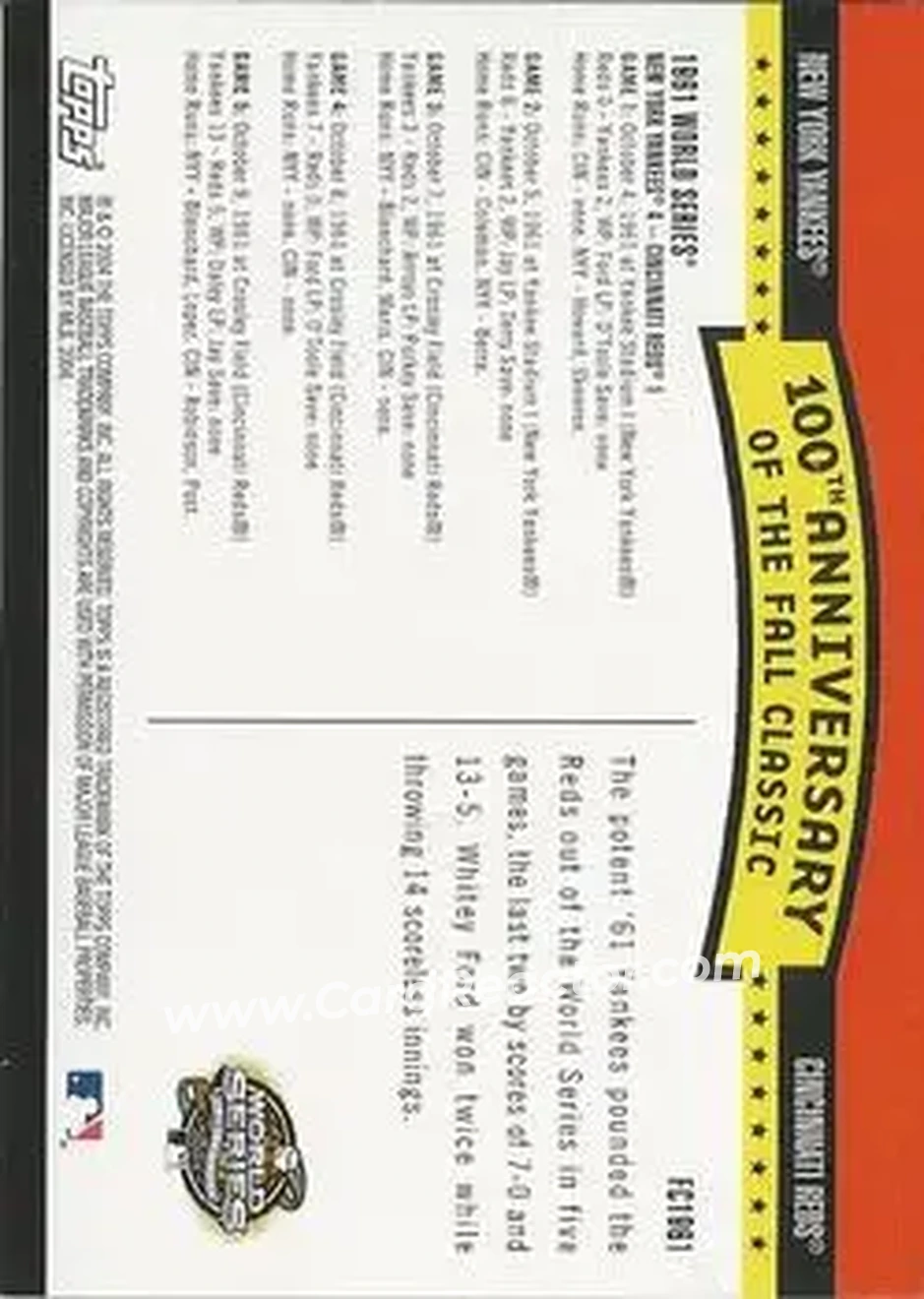 2004 Topps - Fall Classic Covers #FC1961 - 1961 World Series - Back