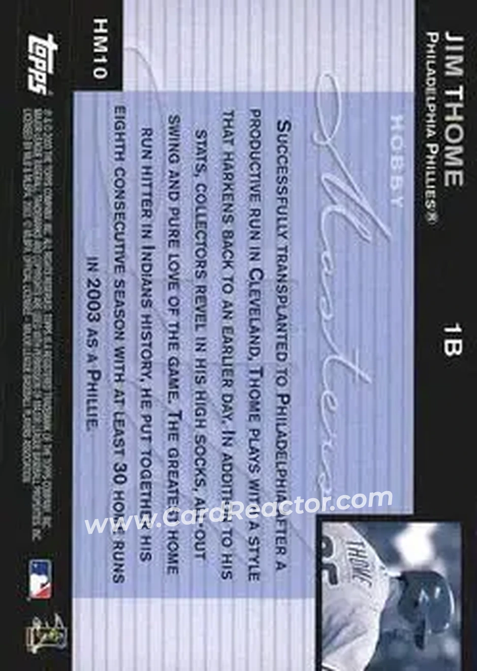 2004 Topps - Hobby Masters #HM10 - Jim Thome - Philadelphia Phillies - Back