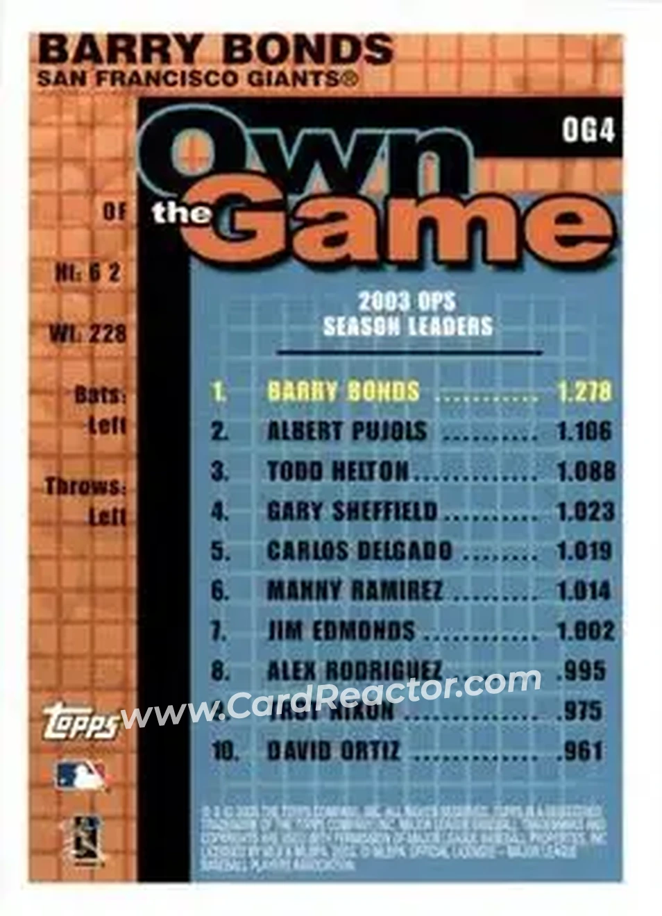 2004 Topps - Own the Game #OG4 - Barry Bonds - San Francisco Giants - Back