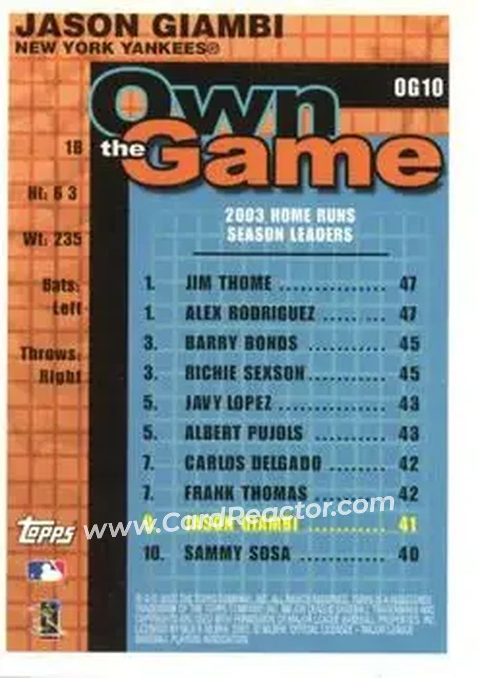2004 Topps - Own the Game #OG10 - Jason Giambi - New York Yankees - Back