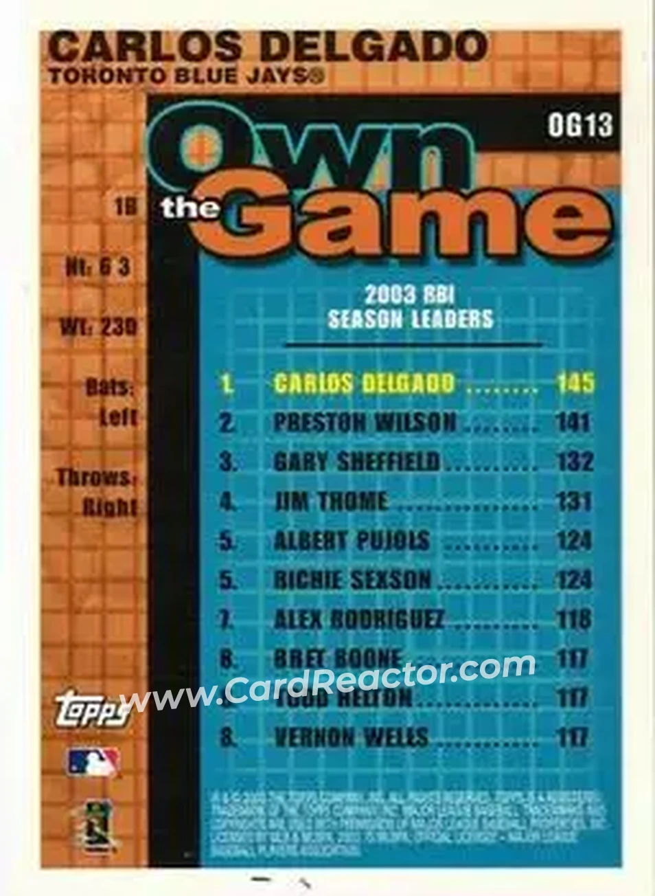 2004 Topps - Own the Game #OG13 - Carlos Delgado - Toronto Blue Jays - Back