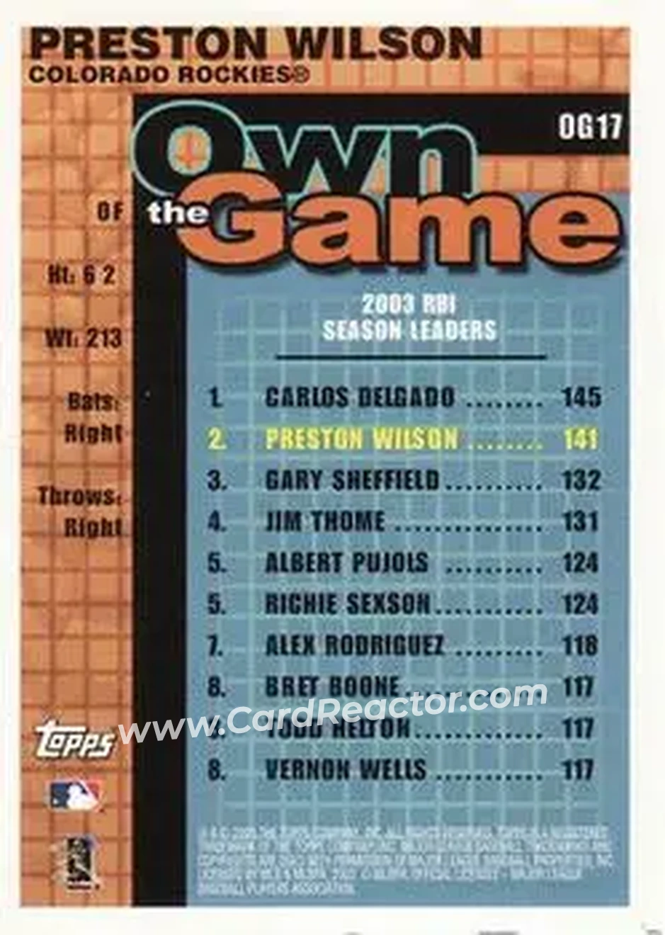 2004 Topps - Own the Game #OG17 - Preston Wilson - Colorado Rockies - Back 2004 Topps - Own the Game #OG17 - Preston Wilson - Colorado Rockies - Back