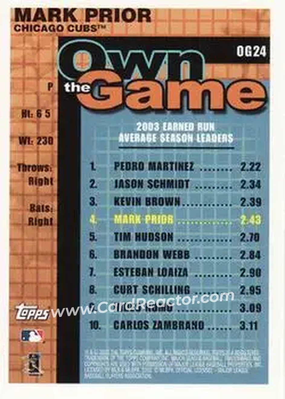 2004 Topps - Own the Game #OG24 - Mark Prior - Chicago Cubs - Back