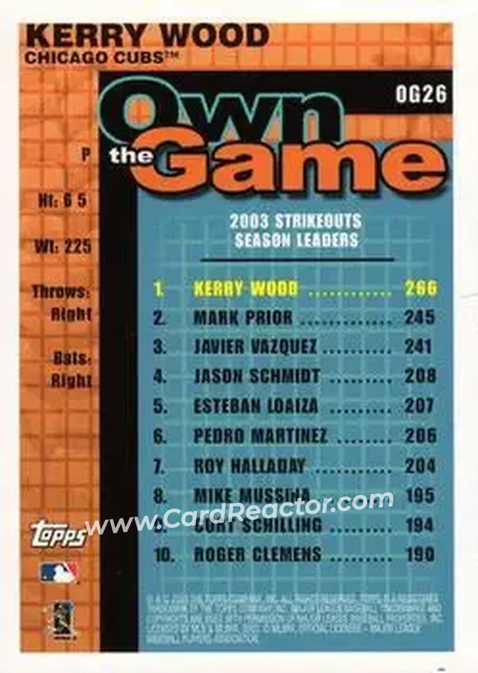 2004 Topps - Own the Game #OG26 - Kerry Wood - Chicago Cubs - Back