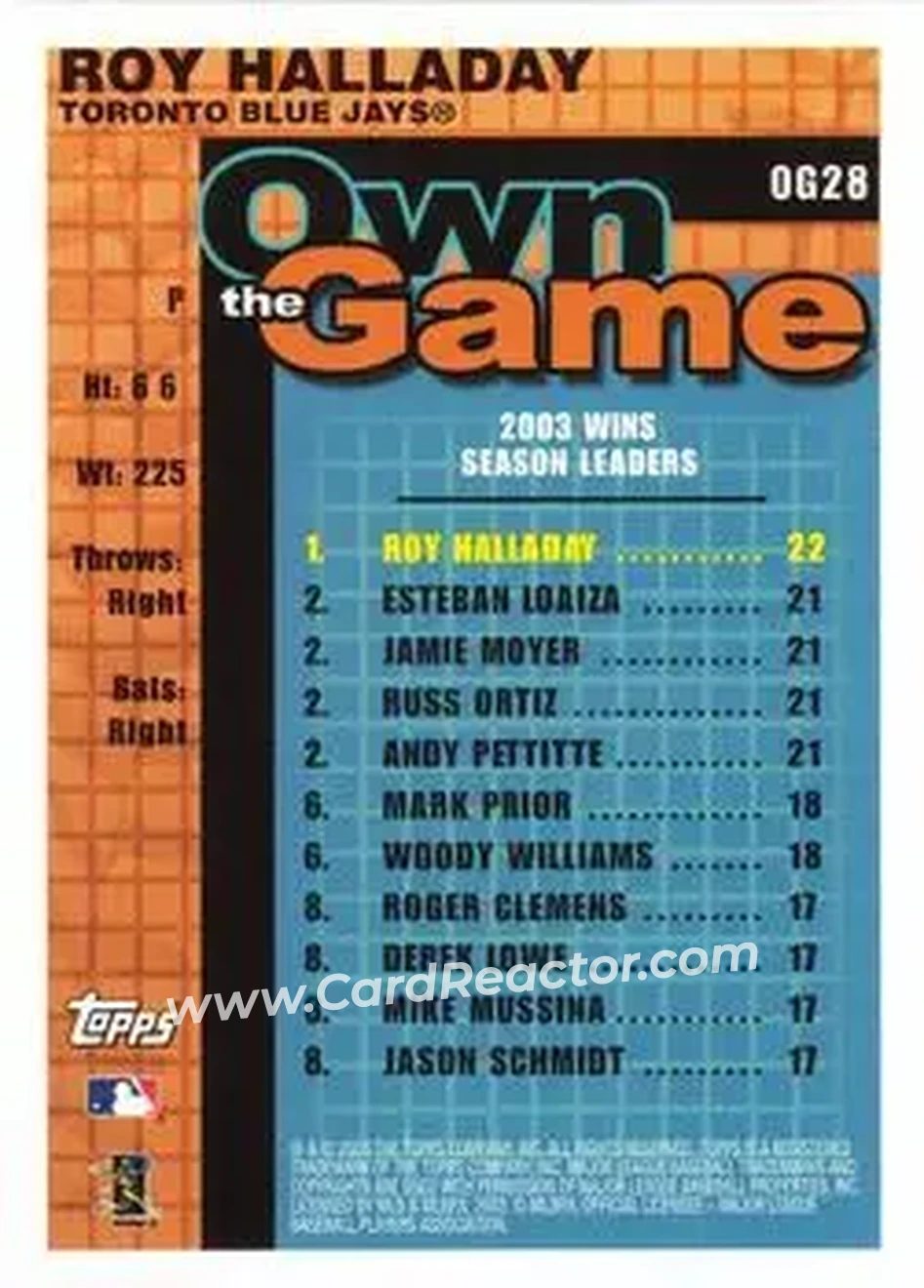 2004 Topps - Own the Game #OG28 - Roy Halladay - Toronto Blue Jays - Back