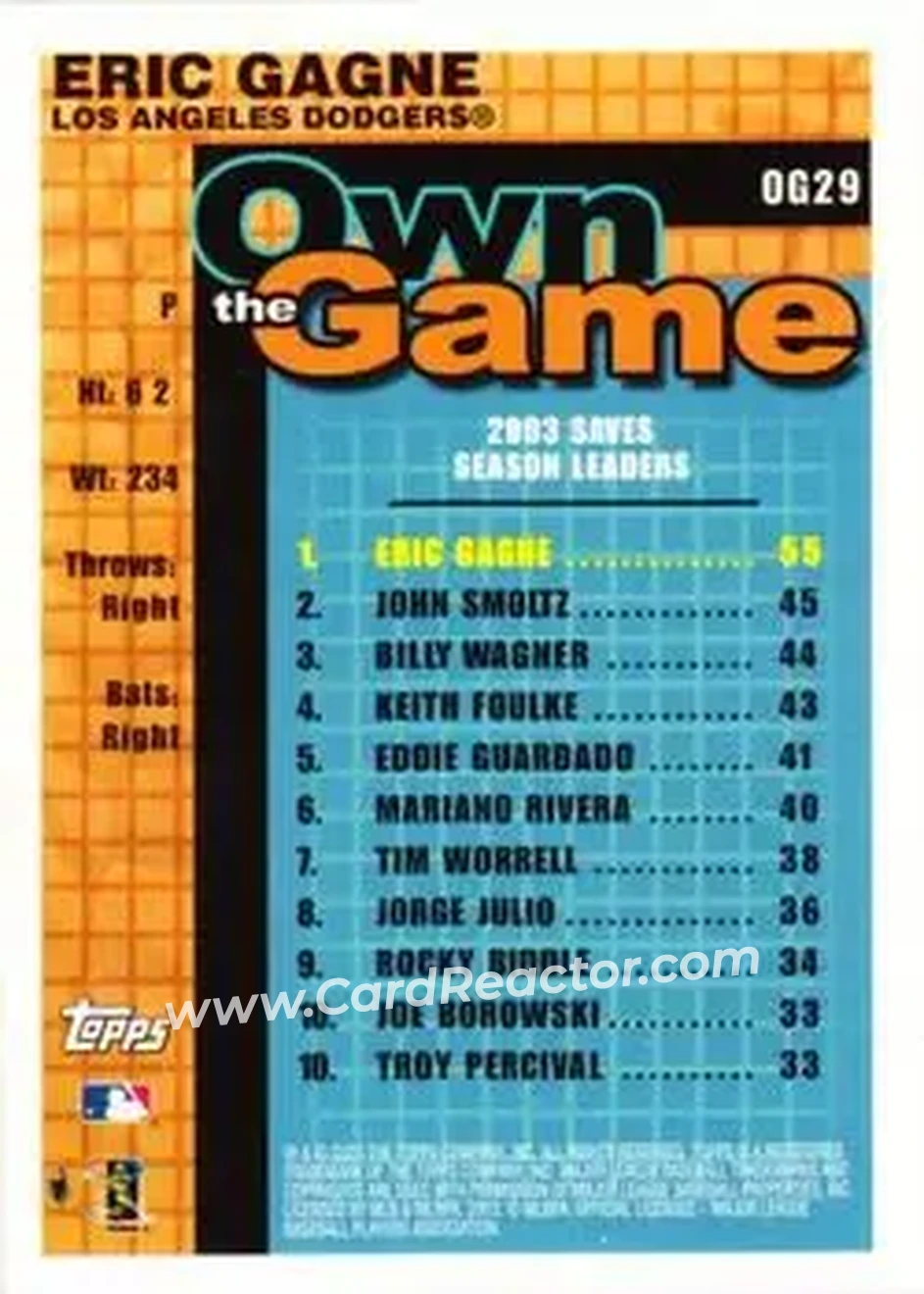 2004 Topps - Own the Game #OG29 - Eric Gagne - Los Angeles Dodgers - Back