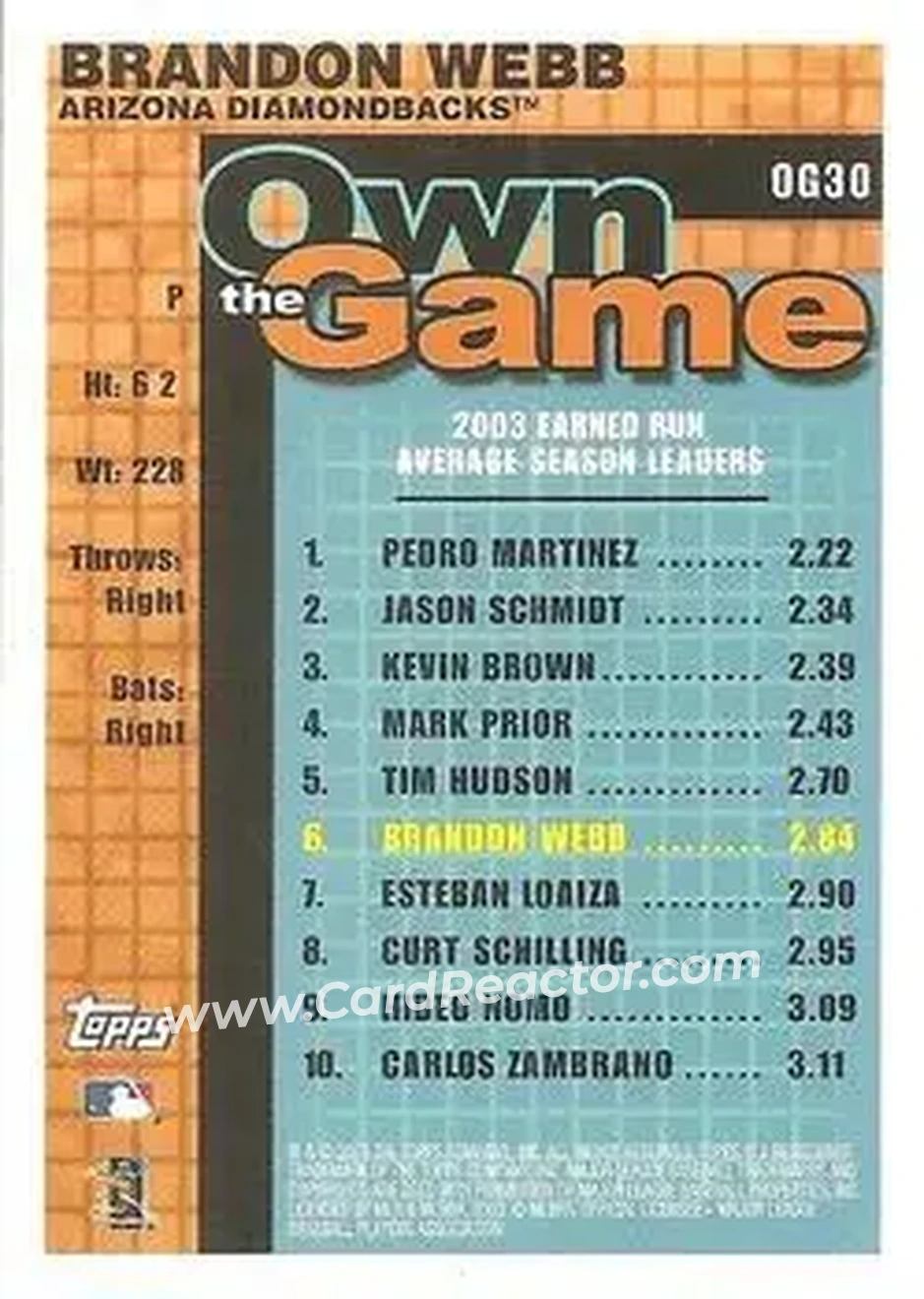 2004 Topps - Own the Game #OG30 - Brandon Webb - Arizona Diamondbacks - Back