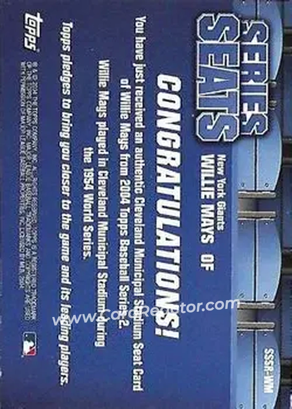 2004 Topps - Series Seats Relics #SSSR-WM - Willie Mays - New York Giants - Back