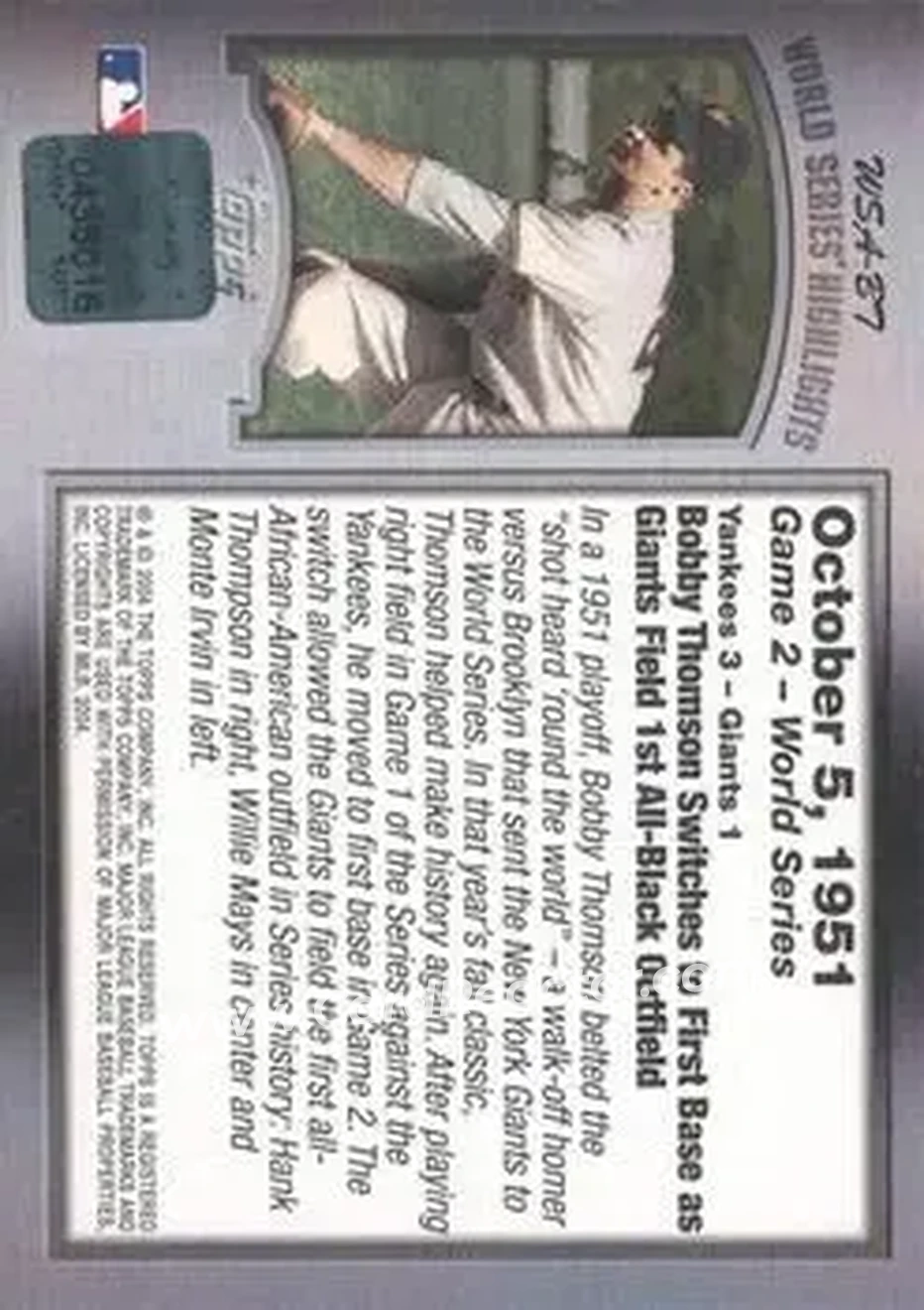 2004 Topps - World Series Highlights Autographs (Series Two) #WSA-BT - Bobby Thomson - New York Giants - Back