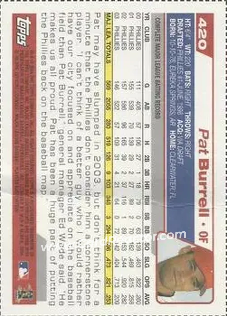 2004 Topps - Wax Box Bottom Panels Singles #420 - Pat Burrell - Philadelphia Phillies - Back 2004 Topps - Wax Box Bottom Panels Singles #420 - Pat Burrell - Philadelphia Phillies - Back