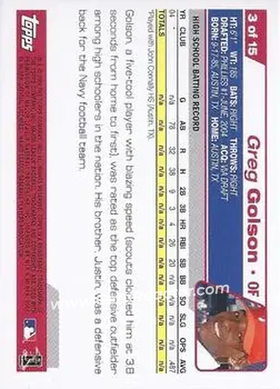 2004 Topps - Draft Picks #3 - Greg Golson - Philadelphia Phillies - Back