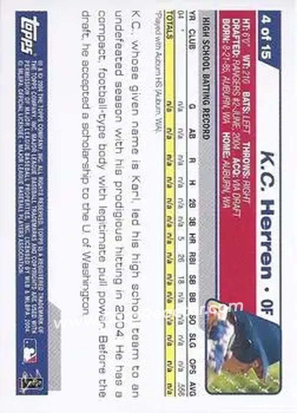 2004 Topps - Draft Picks #4 - K.C. Herren - Texas Rangers - Back