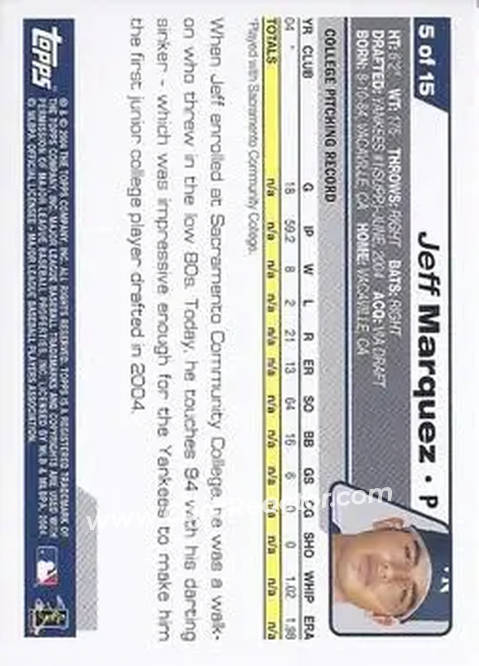 2004 Topps - Draft Picks #5 - Jeff Marquez - New York Yankees - Back