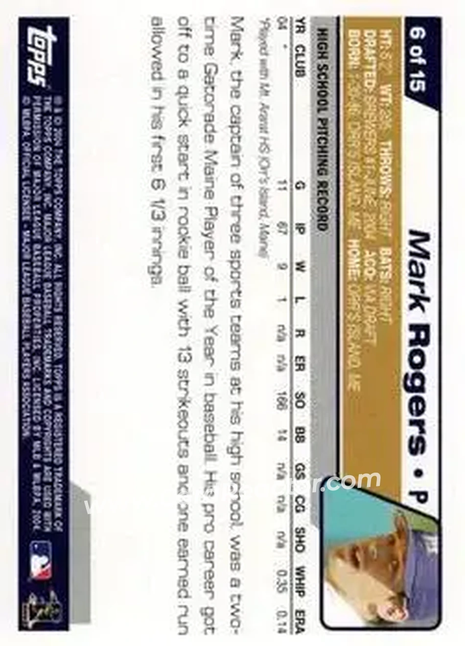2004 Topps - Draft Picks #6 - Mark Rogers - Milwaukee Brewers - Back