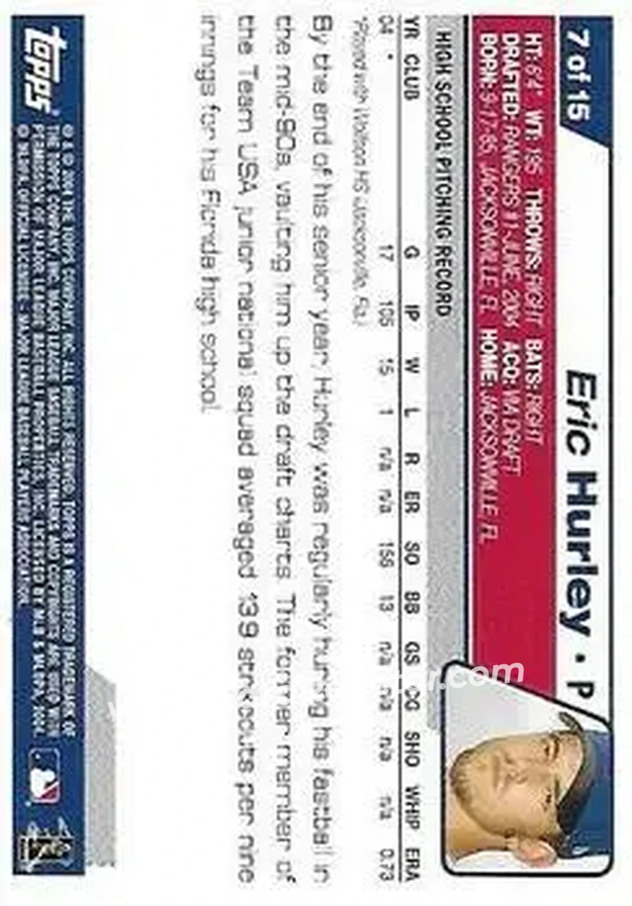 2004 Topps - Draft Picks #7 - Eric Hurley - Texas Rangers - Back