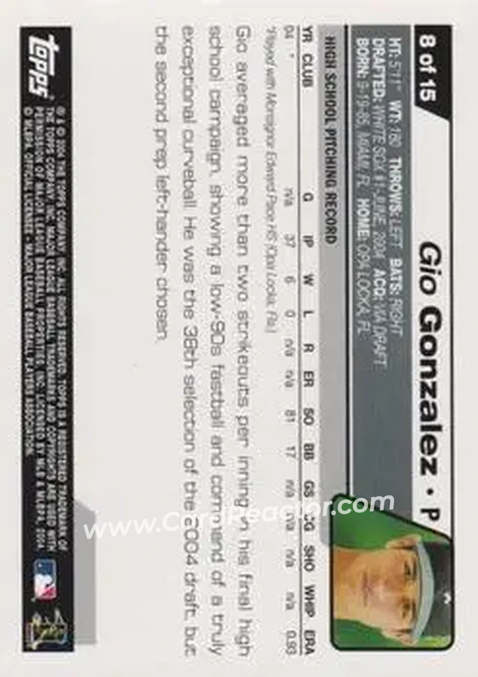 2004 Topps - Draft Picks #8 - Gio Gonzalez - Chicago White Sox - Back