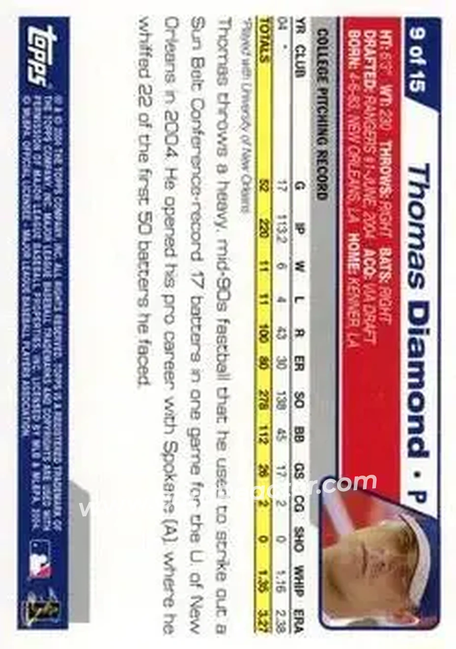 2004 Topps - Draft Picks #9 - Thomas Diamond - Texas Rangers - Back