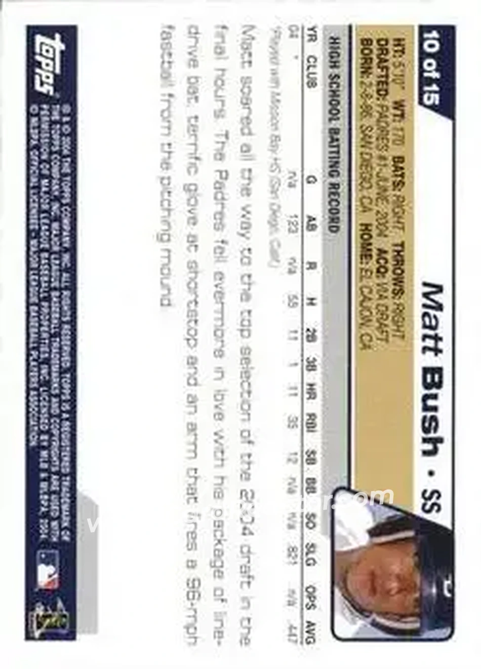 2004 Topps - Draft Picks #10 - Matt Bush - San Diego Padres - Back 2004 Topps - Draft Picks #10 - Matt Bush - San Diego Padres - Back