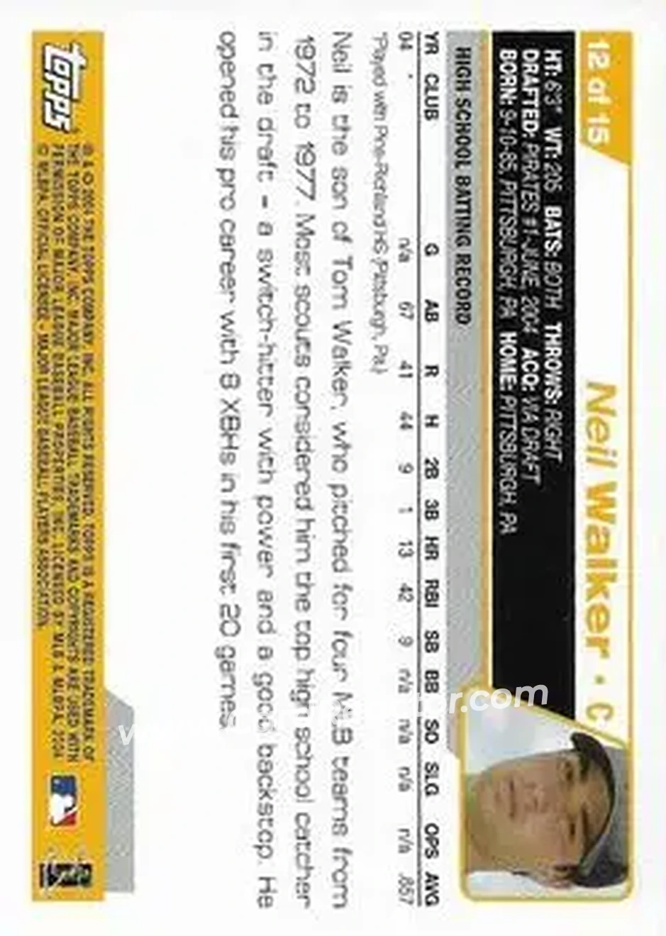 2004 Topps - Draft Picks #12 - Neil Walker - Pittsburgh Pirates - Back