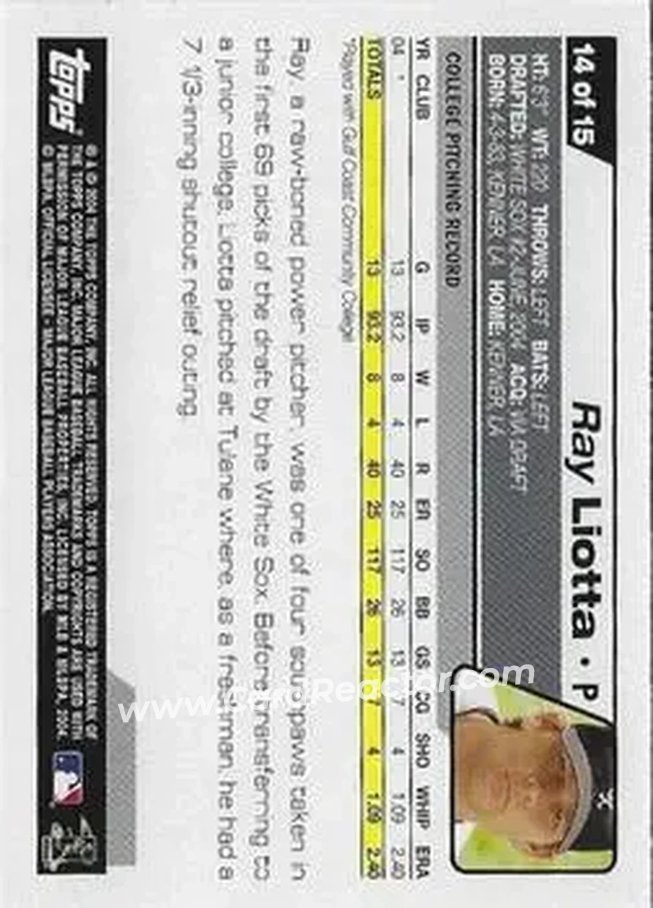 2004 Topps - Draft Picks #14 - Ray Liotta - Chicago White Sox - Back 2004 Topps - Draft Picks #14 - Ray Liotta - Chicago White Sox - Back