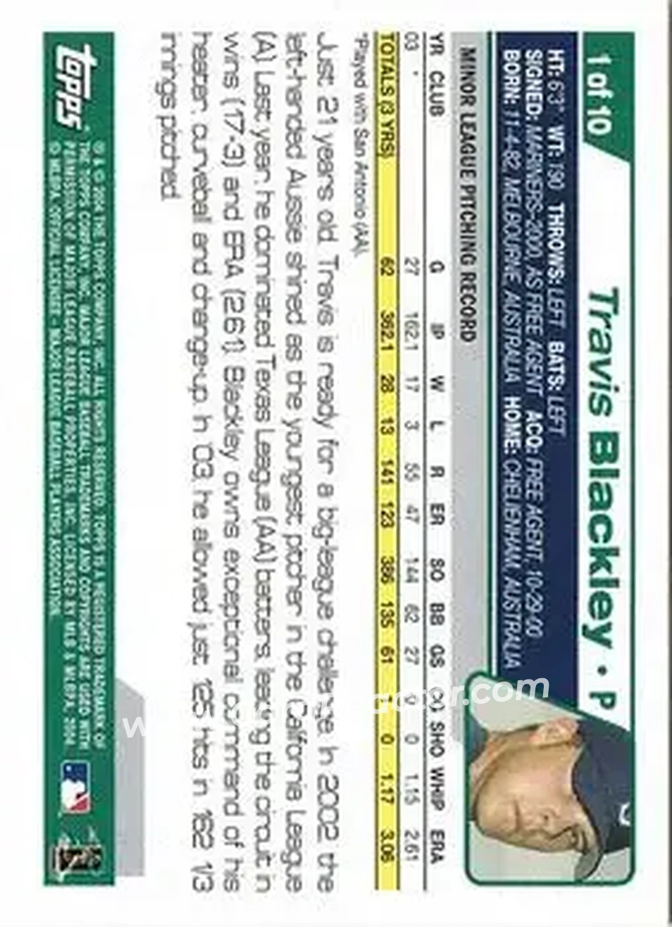 2004 Topps - First Year Players #1 - Travis Blackley - Seattle Mariners - Back