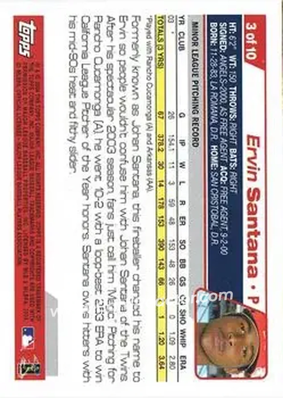 2004 Topps - First Year Players #3 - Ervin Santana - Anaheim Angels - Back