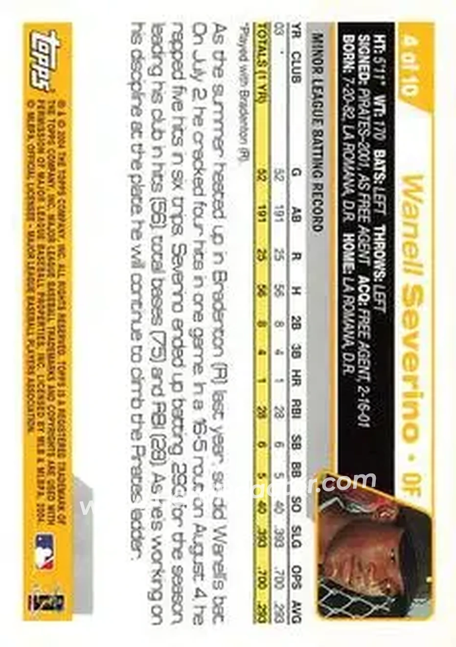 2004 Topps - First Year Players #4 - Wanell Severino - Pittsburgh Pirates - Back
