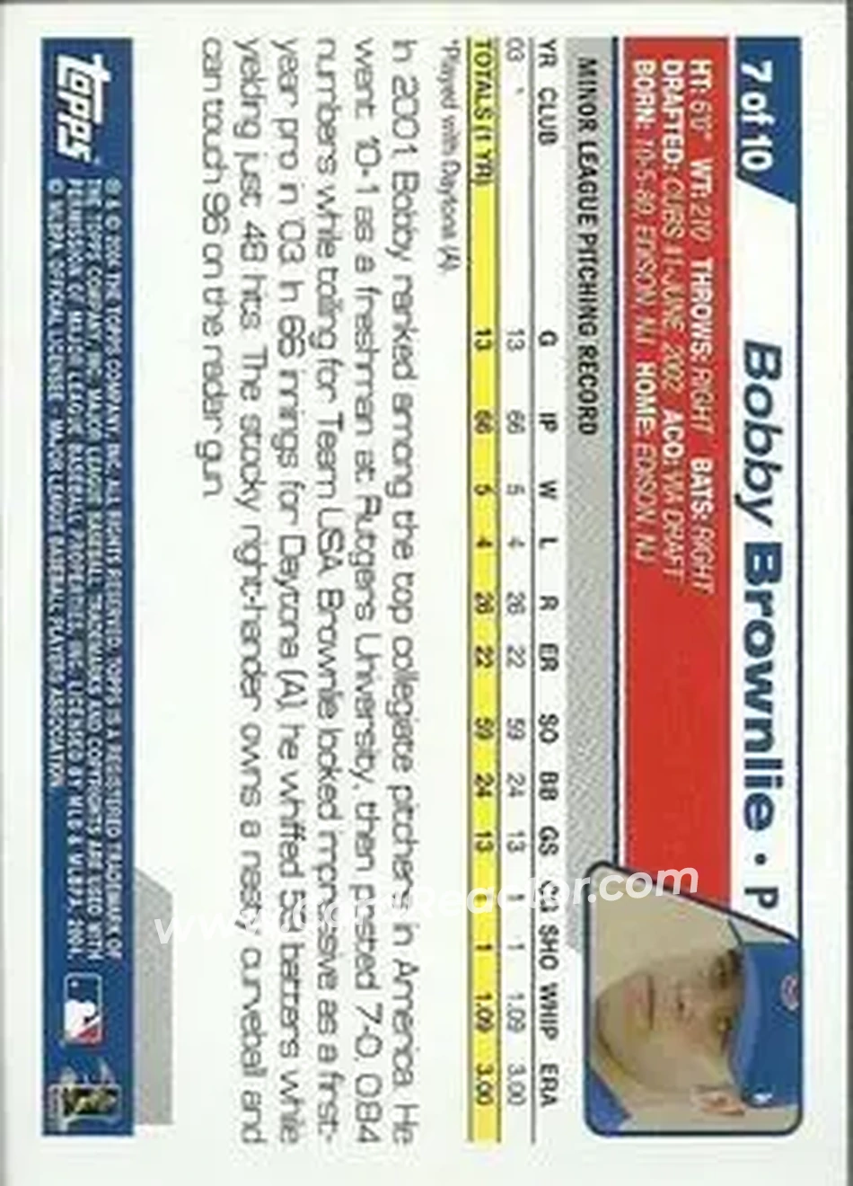 2004 Topps - First Year Players #7 - Bobby Brownlie - Chicago Cubs - Back