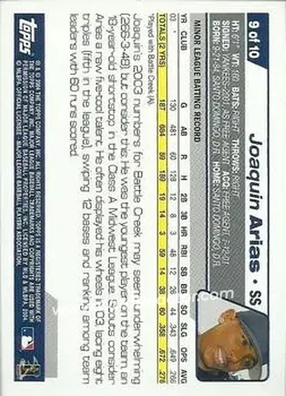 2004 Topps - First Year Players #9 - Joaquin Arias - New York Yankees - Back