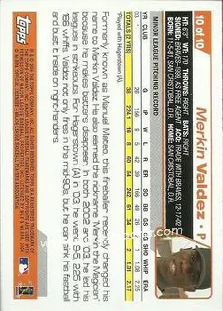 2004 Topps - First Year Players #10 - Merkin Valdez - San Francisco Giants - Back 2004 Topps - First Year Players #10 - Merkin Valdez - San Francisco Giants - Back